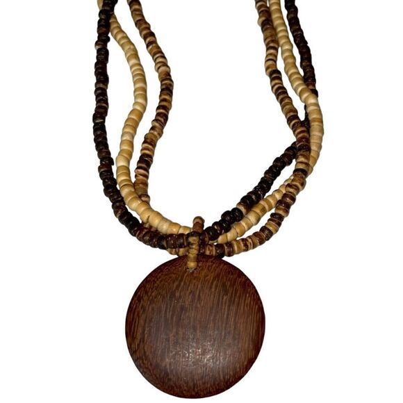 Necklace Earrings Wooden Beaded Pendant Statement 16" - 18" Boho Chic Festival - Picture 3 of 5